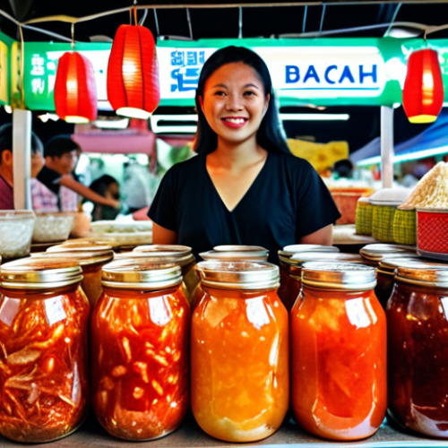 **Image:** A bustling "pasar malam" (night market) stall in Malaysia, showcasing colorful jars of homemade kimchi, kombucha, and "tapai" (fermented rice). Emphasize the vibrant colors and traditional presentation.
    **Prompt:** A vibrant Malaysian pasar malam scene featuring a fermentation business stall with kimchi, kombucha, and tapai, highlighting the cultural food market atmosphere.