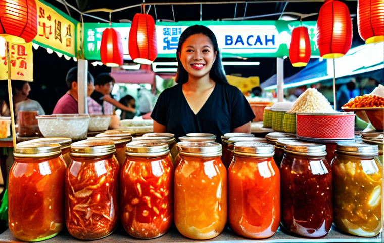 **Image:** A bustling "pasar malam" (night market) stall in Malaysia, showcasing colorful jars of homemade kimchi, kombucha, and "tapai" (fermented rice). Emphasize the vibrant colors and traditional presentation.
**Prompt:** A vibrant Malaysian pasar malam scene featuring a fermentation business stall with kimchi, kombucha, and tapai, highlighting the cultural food market atmosphere.