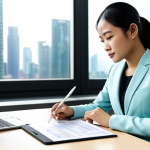 A confident Malaysian businesswoman in a modest, professional business suit, seated at a sleek modern office desk. She is reviewing important documents, with a tablet displaying a business chart nearby. The office is brightly lit with natural light, featuring contemporary decor and a subtle background hint of a city skyline through the window. Professional photography, high resolution, soft lighting, sharp focus, perfect anatomy, correct proportions, natural pose, well-formed hands, proper finger count, natural body proportions, fully clothed, appropriate attire, professional dress, safe for work, appropriate content, professional.