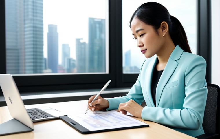 A confident Malaysian businesswoman in a modest, professional business suit, seated at a sleek modern office desk. She is reviewing important documents, with a tablet displaying a business chart nearby. The office is brightly lit with natural light, featuring contemporary decor and a subtle background hint of a city skyline through the window. Professional photography, high resolution, soft lighting, sharp focus, perfect anatomy, correct proportions, natural pose, well-formed hands, proper finger count, natural body proportions, fully clothed, appropriate attire, professional dress, safe for work, appropriate content, professional.