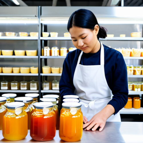 A dedicated Malaysian female artisan, fully clothed in a modest, clean professional apron over appropriate attire, carefully inspecting rows of fermenting kombucha and kimchi jars in a bright, modern urban fermentation lab. The lab features stainless steel counters, neatly arranged glass vessels, and fresh, colorful ingredients like cabbage and spices. The scene emphasizes hygiene, craftsmanship, and the natural process. Perfect anatomy, correct proportions, natural pose, well-formed hands, proper finger count, natural body proportions. Professional photography, high quality, safe for work, appropriate content, family-friendly.