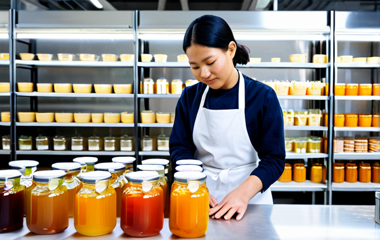 A dedicated Malaysian female artisan, fully clothed in a modest, clean professional apron over appropriate attire, carefully inspecting rows of fermenting kombucha and kimchi jars in a bright, modern urban fermentation lab. The lab features stainless steel counters, neatly arranged glass vessels, and fresh, colorful ingredients like cabbage and spices. The scene emphasizes hygiene, craftsmanship, and the natural process. Perfect anatomy, correct proportions, natural pose, well-formed hands, proper finger count, natural body proportions. Professional photography, high quality, safe for work, appropriate content, family-friendly.