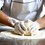 **

A professional Malaysian baker, fully clothed in a clean white apron and modest chef's attire, expertly kneading dough on a floured wooden table. The background shows a bright, modern bakery kitchen with stainless steel equipment. Focus on the baker's hands and the texture of the dough. safe for work, appropriate content, professional, perfect anatomy, natural proportions, well-formed hands, proper finger count, natural pose, family-friendly.

**
