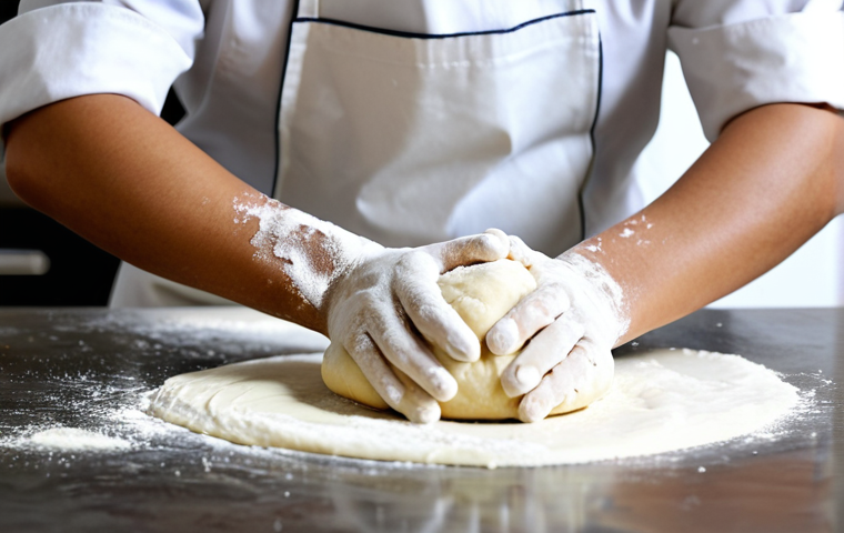 **

A professional Malaysian baker, fully clothed in a clean white apron and modest chef's attire, expertly kneading dough on a floured wooden table. The background shows a bright, modern bakery kitchen with stainless steel equipment. Focus on the baker's hands and the texture of the dough. safe for work, appropriate content, professional, perfect anatomy, natural proportions, well-formed hands, proper finger count, natural pose, family-friendly.

**