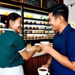 **

A vibrant and bustling cafe scene in Georgetown, Penang. A barista, fully clothed in a smart-casual uniform, is handing a "Kopi Dodol" (dodol-infused coffee) to a smiling customer. In the background, shelves display locally made dodol and coffee beans. The cafe is decorated with Peranakan-inspired art. Safe for work, appropriate content, professional photography, perfect anatomy, natural proportions, family-friendly, high quality. Focus on capturing the atmosphere of a collaborative cafe showcasing local flavors.

**