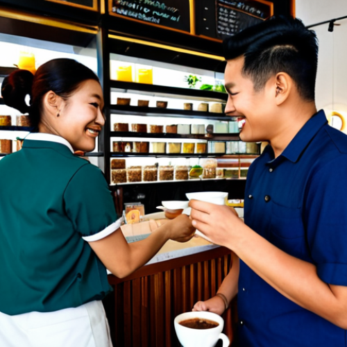 **

A vibrant and bustling cafe scene in Georgetown, Penang. A barista, fully clothed in a smart-casual uniform, is handing a "Kopi Dodol" (dodol-infused coffee) to a smiling customer. In the background, shelves display locally made dodol and coffee beans. The cafe is decorated with Peranakan-inspired art. Safe for work, appropriate content, professional photography, perfect anatomy, natural proportions, family-friendly, high quality. Focus on capturing the atmosphere of a collaborative cafe showcasing local flavors.

**