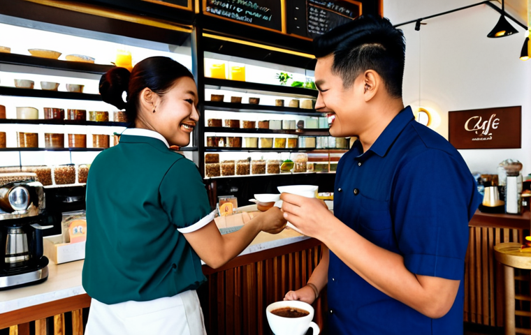 **

A vibrant and bustling cafe scene in Georgetown, Penang. A barista, fully clothed in a smart-casual uniform, is handing a "Kopi Dodol" (dodol-infused coffee) to a smiling customer. In the background, shelves display locally made dodol and coffee beans. The cafe is decorated with Peranakan-inspired art. Safe for work, appropriate content, professional photography, perfect anatomy, natural proportions, family-friendly, high quality. Focus on capturing the atmosphere of a collaborative cafe showcasing local flavors.

**