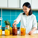 Kombucha Brewing at Home**

A bright, airy kitchen scene in Malaysia. A woman (fully clothed, modest attire) is carefully pouring kombucha from a glass jar into bottles. Fresh fruits like mangoes and pineapples are displayed on the counter.  Background includes traditional Malaysian kitchen elements. Safe for work, appropriate content, family-friendly, perfect anatomy, natural proportions, professional photography, high quality. Focus on the vibrant colors and freshness.

**