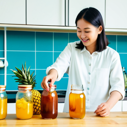 Kombucha Brewing at Home**

A bright, airy kitchen scene in Malaysia. A woman (fully clothed, modest attire) is carefully pouring kombucha from a glass jar into bottles. Fresh fruits like mangoes and pineapples are displayed on the counter.  Background includes traditional Malaysian kitchen elements. Safe for work, appropriate content, family-friendly, perfect anatomy, natural proportions, professional photography, high quality. Focus on the vibrant colors and freshness.

**