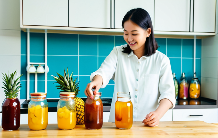 Kombucha Brewing at Home**

A bright, airy kitchen scene in Malaysia. A woman (fully clothed, modest attire) is carefully pouring kombucha from a glass jar into bottles. Fresh fruits like mangoes and pineapples are displayed on the counter.  Background includes traditional Malaysian kitchen elements. Safe for work, appropriate content, family-friendly, perfect anatomy, natural proportions, professional photography, high quality. Focus on the vibrant colors and freshness.

**